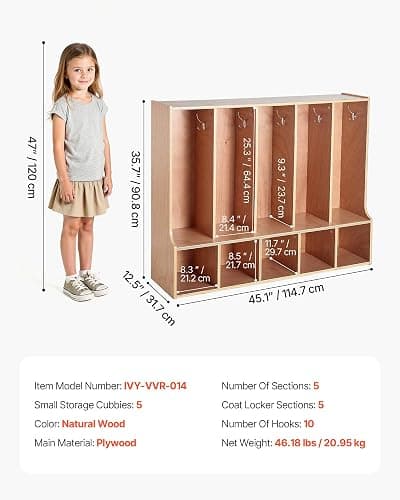VEVOR 5-Section Coat Locker with Bench, Kids Lockers with 10 Hooks & Non-Slip Mat, Classroom Cubbies for Daycare, Home, Kindergarten- Natural thumbnail 2