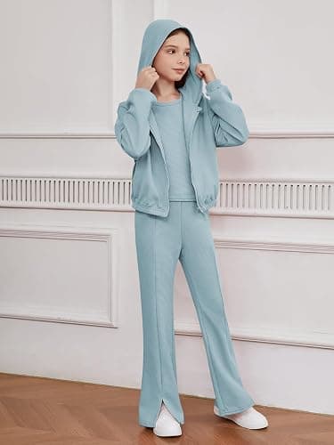Floerns Girls Long Sleeve Hoodie Tank Split Flare Pants Set Three Piece Outfit thumbnail 6