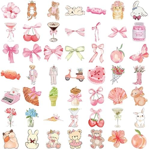 50pcs Coquette Pink Bows Vintage Aesthetic Stickers - Pink Bear, Graffiti, Water Bottles, Laptop, Phone, Guitar thumbnail 6