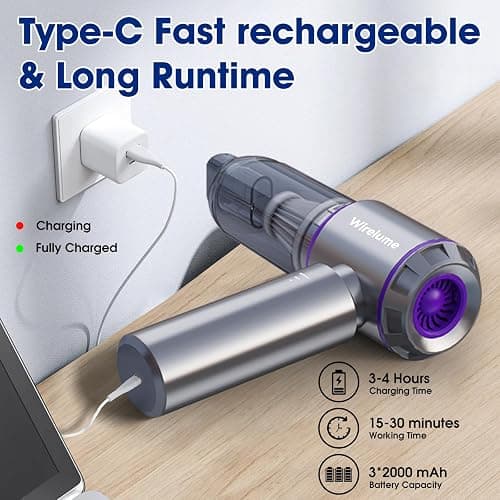Wirelume Handheld Car Vacuum Cleaner Cordless Powerful 22000Pa Strong Cyclonic Suction Blowing Brushless Motor Portable Rechargable Lightweight for Pet Hair Vehicle Home Office (purple) thumbnail 5