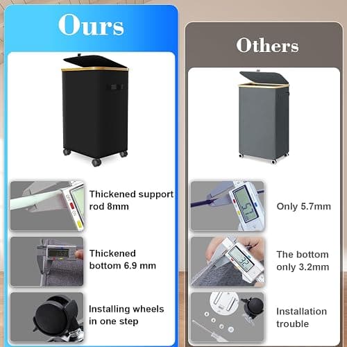 Laundry Hamper with Wheels,29 Gal (110L) Laundry Basket with lid Rolling Clothes Hamper Foldable Dirty Clothes Basket on wheels with Bamboo Frame and Bag for Bedroom, Dorm, Laundry Room-Black thumbnail 6
