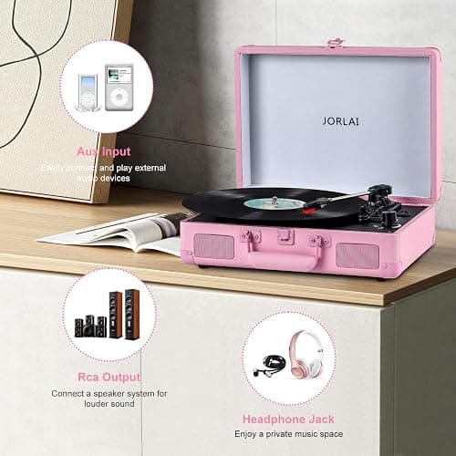 Portable Record Player with Bluetooth 3 Speed Turntable Built in Rechargeable Battery Vintage Suitcase Design with RCA Line Out and Aux in thumbnail 6