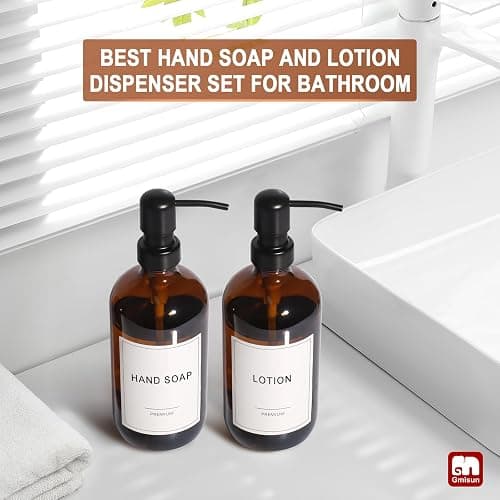 GMISUN Amber Glass Soap Dispenser, 2 Pack Bathroom Hand Soap Dispensers with Stainless Steel Pump, 17 Fl Oz Kitchen Hand and Dish Soap Dispenser Set, Modern Vintage Liquid Brown Soap Dispensers Bottle thumbnail 6