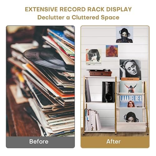 HYCFYJR Stand for Record Player, 3 Tier Vinyl Record Storage with Now Playing Holder, Turntable Stand, Vinyl Display with Speaker Storage for Living Room, Gold White thumbnail 6