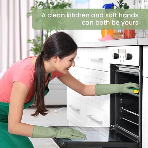 Rubber Cleaning Gloves for Dishwashing, 4 Pairs Reusable Kitchen Gloves for Washing Dishes and Household Cleaning, Green Dish Gloves with Flocked Lining and Non-Slip Grip, Pefect for Woman Men - M thumbnail 6