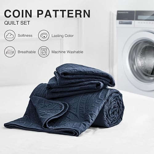 Love's cabin Oversized King Size Quilt Bedding Set Navy Bedspreads - Oversized King Lightweight Bedspread Comforter - Coin Pattern Coverlet for All Season - 3 Pieces (1 Quilt, 2 Pillow Shams) thumbnail 7