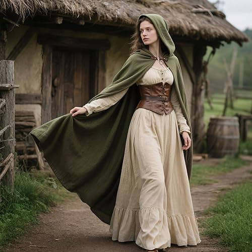 L'VOW Medieval Hooded Cloak Linen Renaissance Cape with Hood - Halloween Hobbit Cosplay Witch Wizard LARP thumbnail 2