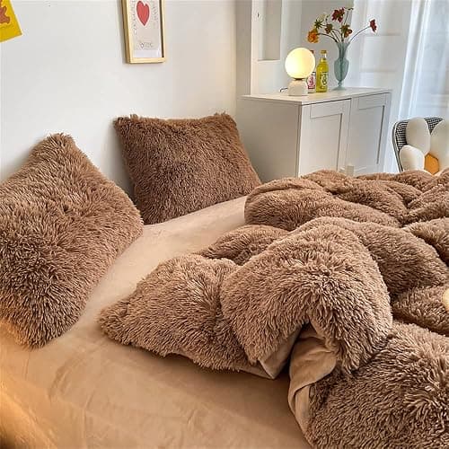 chovy Faux Fur Plush Coffee Comforter Sets Queen - Ultra Soft Shaggy Flannel Velvet Fluffy Fuzzy 3PC Bedding Set （Comforter x 1 Pillowcases x 2） thumbnail 5