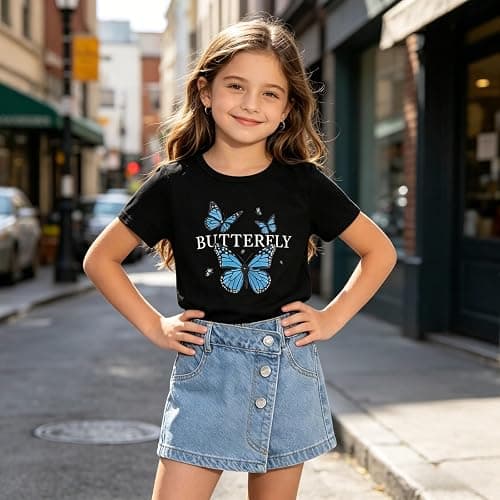 Voxikodex Girls Clothes 2PCS Butterfly Print Short Sleeve T-Shirt Denim Skirt Shorts Set Teen Tween Girls Summer Outfits Set thumbnail 8