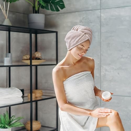 SimpleField 2 Pack Microfiber Hair Towel Wrap for Women, Anti Frizz Quick Drying Hair Turban for All Hair Style, Absorbent and Lightweight (Beige) thumbnail 7