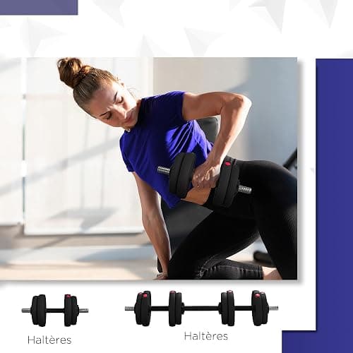SPORTNOW Haltères 2 en 1 réglables, haltères libres avec poignées antidérapantes, 15KG - Barres incluses - entraînement Musculaire & haltérophilie thumbnail 3