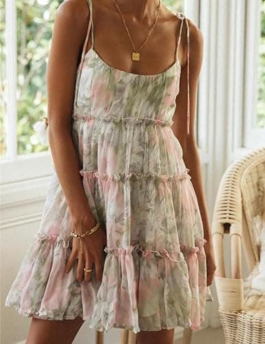 Gihuo Womens Floral Mini Dress Boho Flowy Skater Spaghetti Strap Ruffle Sleeveless Beach Dress 2024 Summer Sundresses thumbnail 2