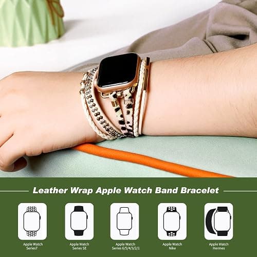 CHARMINGO Boho Leather Bracelet Compatible with Apple Watch Bands for Women Men 38mm 40mm 41mm 42mm 44mm 45mm 46mm 49mm - Multilayer Wrap Dressy Apple Watch Strap for Cute Iwatch Band Series 11 10 9 8 7 6 5 4 SE 3 Ultra 3 2 1 thumbnail 5