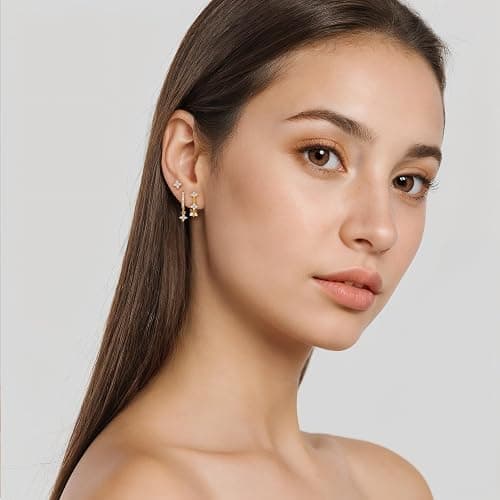 QUINBY Dainty Opal Earrings Dangle Hoop Earrings For Women,Hypoallergenic Earring Sets For Multiple Piercing,14k Gold Plated Earring Stacks For Sensitive Ears - Golden thumbnail 4