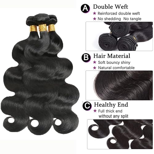 Body Wave Bundles Human Hair 14 16 18 Inch 100% Unprocessed Brazilian Virgin Human Hair Weave Bundles Hair Weft Body Wave Hair Extension for Black Women Natural Black thumbnail 3