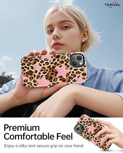 TAMUEL for iPhone 15 Case, Leopard Cheetah Print Phone Case, Compatible with Magsafe, Trendy Cute Cool Pink Star Magnetic Slim Silicone Shockproof Protective Women Girl Cover thumbnail 6