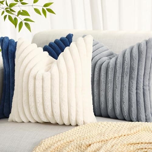 decorUhome Faux Fur Christmas Throw Pillow Covers 18x18 Set of 2, Decorative Soft Plush Striped Neutral Couch Euro Pillow Covers with Velvet Back for Sofa, Bed, Living Room Home Decor, Blue thumbnail 6