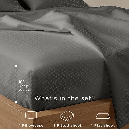 Threadmill Cotton Twin XL Sheet Set | 100% Cotton Sheets for Twin XL Size Bed | Damask Jacquard Sateen Twin XL Bed Sheets Set with 16” Deep Pocket | Soft Breathable 3-Piece Cooling Sheets | Dark Grey thumbnail 3