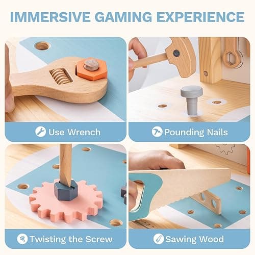 ROBUD Large Wooden Play Tool Workbench Set for Kids Toddlers, Construction Workshop Tool Bench Toys Gift, Multicolor thumbnail 6