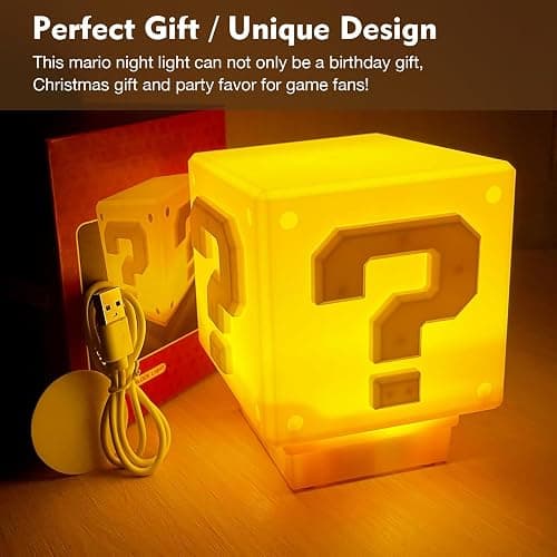 TLAOTNIY Super Bros Mini Question Block Night Lights - USB Powered Bedside Lamp with Game Sound Effects - Gift for Friends & Fans thumbnail 4