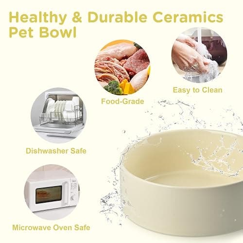 SPUNKYJUNKY Elevated Dog Bowls Ceramic, 6.1'' Dogs and Cat Food Water Bowls Raised with Non-Slip Bamboo Stand for Medium Sized Breed Microwave Dishwasher Safe - 28.7 OZ,Beige thumbnail 5