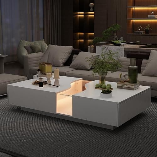 JOIKUJIA Modern Coffee Table with Lights & Glass Tabletop, Central Table with 2 Drawers, for Living Room, White 55.1”W x 31.5”D x 11.8”H thumbnail 3
