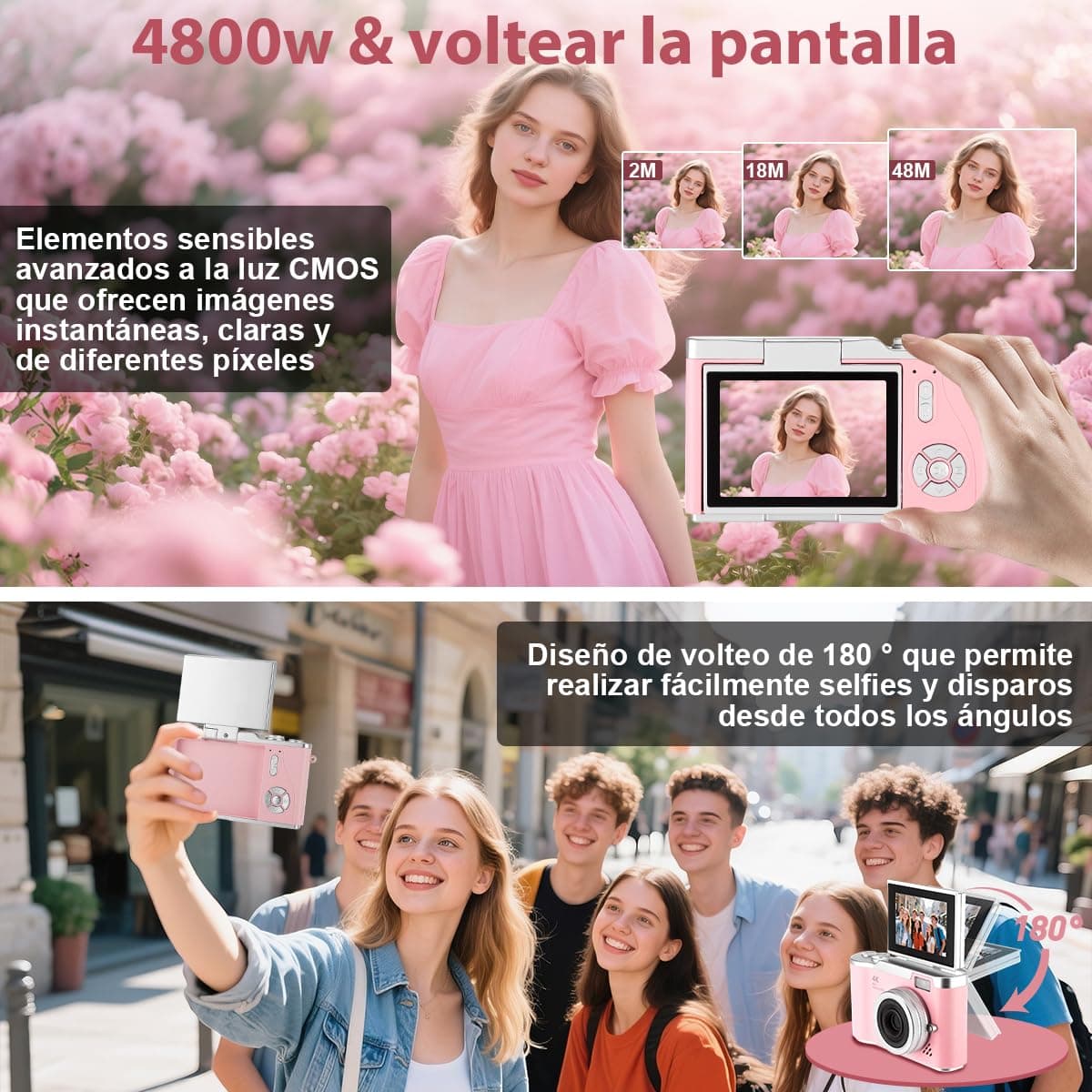 Cámara Digital 4K, Cámara Compacta HD 1080P 48MP，con Zoom de 8X, Enfoque Automático, Tarjeta de 32 GB, Pantalla Abatible de 2,4 Pulgadas,Adecuada para Estudiantes, Fotografía de Viajes y Vlogs (Rosa) thumbnail 2