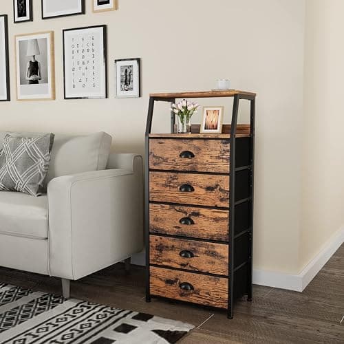 Furnulem Tall 5 Drawers Dresser, Vertical Storage Tower Fabric Dresser for Bedroom, Hallway, Entryway, Nursery, Closet Organizer, Nightstand Bedside Table Furniture, Sturdy Steel Frame, Wood Top thumbnail 8