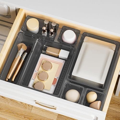 SpaceHacks 15 PCS Clear Plastic Drawer Organizer Set, 4-Size Acrylic Drawer Storage Trays, Storage Bins for Makeup, Gadgets, and Jewelry in Bathroom, Bedroom and Office, Clear Black thumbnail 7