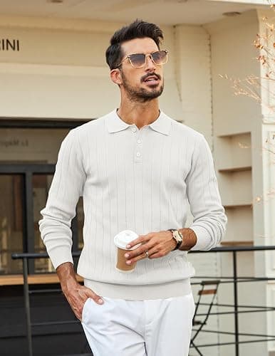 COOFANDY Mens Knit Polo Sweater Long Sleeve Polos Lightweight Casual Dress Pullover Sweaters thumbnail 2