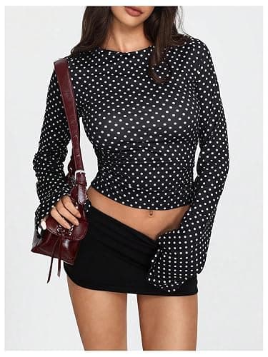 Milumia Women's Polka Dots Bell Sleeve Crop Tee Top Y2K Ruched Slim Fit Going Out T Shirt thumbnail 2