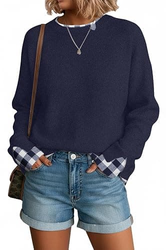 Womens Sweaters Fall Clothes Fashion 2026 Sweater School Teacher Outfits | Disamer Womens Sweater,Cowboy Chic Knit Cozy Sweater,Patchwork Long Sleeve Pullover Tops,Layered Winter Oversized Sweaters thumbnail 4