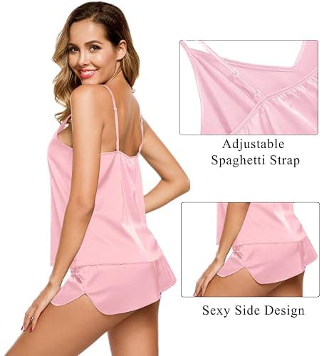 SWOMOG Women Satin Pajamas 4pcs Pajama Set Sexy Cami Shorts Set and Button Down Long Sleeve Pjs Loungewear Sleepwear thumbnail 4