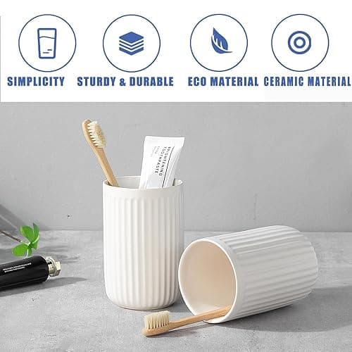 White Toothbrush Holders for Bathrooms - 2 Cups Ceramic Toothbrush Toothpaste Holders Set, White Bathroom Tumbler Cups Reusable Toothbrush Mouthwash Cup, Bathroom Counter Organizer. - Warm White - 2pcs thumbnail 5