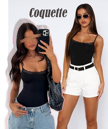 Navneet Women Sexy Lace Bodysuit Lace Trim High Cut Thong Spaghetti Strap Cami Bodysuit Going Out Tank Tops Body Suit thumbnail 2