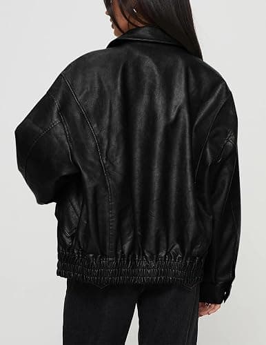 PRETTYGARDEN Women's Faux Leather Motorcycle Jacket Trendy Fall Spring Clothes Oversized Zip Up Winter Coat Outerwear thumbnail 2