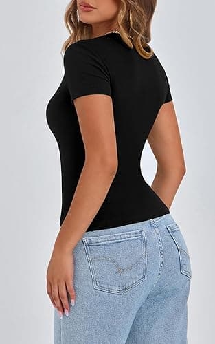 PRETTYGARDEN Women's Short Sleeve Summer Tops 2025 Trendy Ribbed Knit Button Up Tight Basic Tees Shirts Going Out Y2K Clothes thumbnail 6