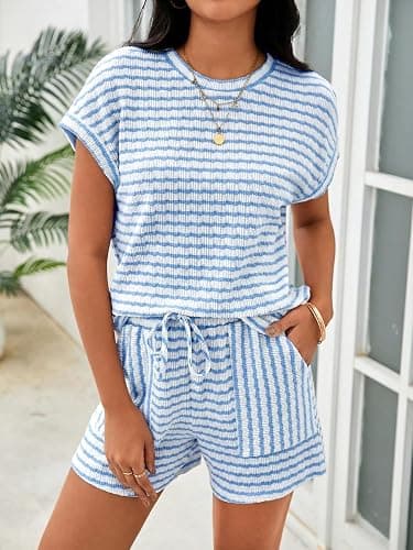 Tankaneo Womens Striped Summer 2 Piece Short Sets | Short Sleeve T Shirts, Drawstring Shorts, Casual Outfits, Lounge Pajama Sets thumbnail 2