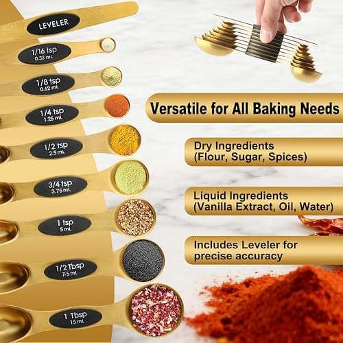Gold Magnetic Measuring Spoons Set Stainless Steel with Leveler, Dual-Sided Stackable Metal Measuring Spoons for Baking & Cooking, Fits in Spice Jars, Heavy Duty Kitchen Gadgets, 8 Spoons & 1 Leveler thumbnail 4