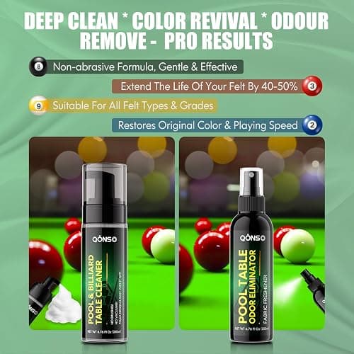QONS Pool Table Felt Cleaner Kit, Fast Clean Green Billiard Table Felt Cleaner Spray & Odor Eliminator Kit with Cleaning Cloth, Ready-to-Use Foam & No Residue | Essential for Home & Game Rooms thumbnail 5