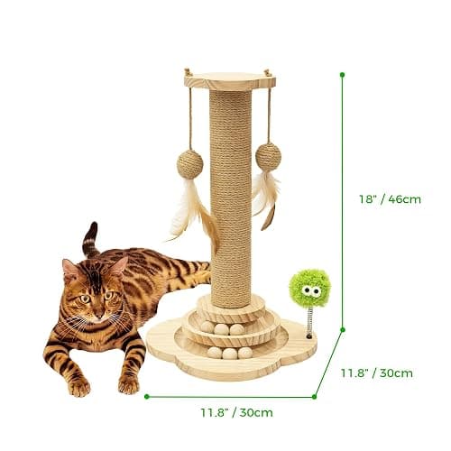 TINYBEAST Wooden Cat Scratching Post fot Kittens, 4 in 1 Cat Scratcher Toy with Cat Ball Tracks, 18" Tall Sisal Scratch Post for Indoor Kittens, Interactive Feather Toy and 2 Sisal Hanging Balls thumbnail 6