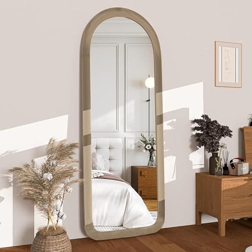 NEUWEABY Full Length Mirror 56"x20" Arch Floor Mirror with Stand Arched Full Body Mirror Standing Hanging or Leaning Against Wall for Bedroom Flannel Wrapped Wooden Frame Milk Tea thumbnail 2