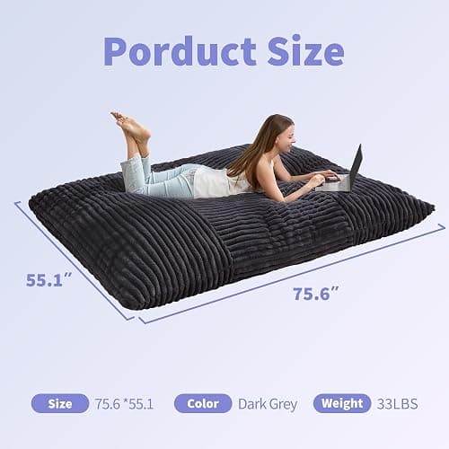 Hobestluk 3 in 1 Bean Bag Chair Giant Bean Bag Chairs Convertible Bean Bag Floor Cushion with Machine Washable Cover, Beanbag Chairs for Adult (Dark Grey) thumbnail 2