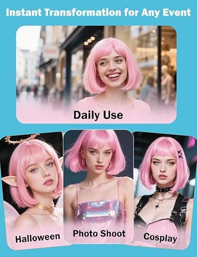 FSLLZCJY Light Pink Bob Wig with Heart Sunglasses - Heat-Resistant, Synthetic Fiber, Adjustable and Natural Looking thumbnail 5