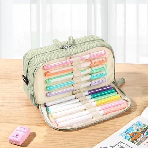 Sooez Big Capacity Pencil Case Pen Pouch, Soft Corduroy Pencil Bag with 3 Compartment, Multiple Pockets, Sturdy Zipper, Cute School Supplies Pen Bag Organizer For Teen Girls College, Green thumbnail 2