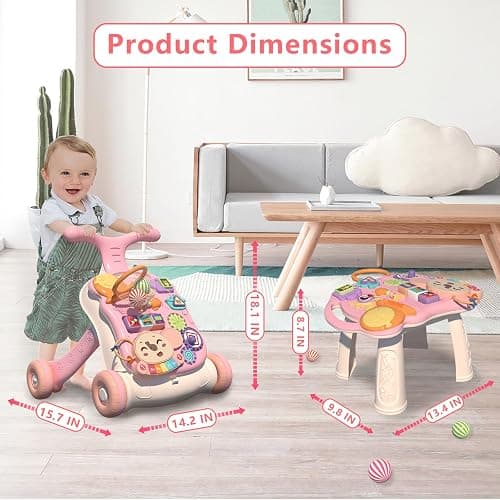 QDRAGON 3 in 1 Baby Walker and Activity Center for Girl, Learning to Walk, Sit to Stand, Early Educational Push Toys with Music Panel for Infant Toddler 12+ Months Pink thumbnail 2
