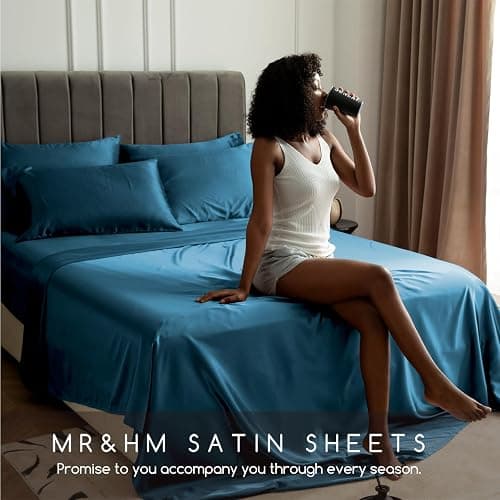 MR&HM Satin Bed Sheets, Queen Size Sheets Set, 4 Pcs Silky Bedding Set with 15 Inches Deep Pocket for Mattress (Queen, Teal) thumbnail 6