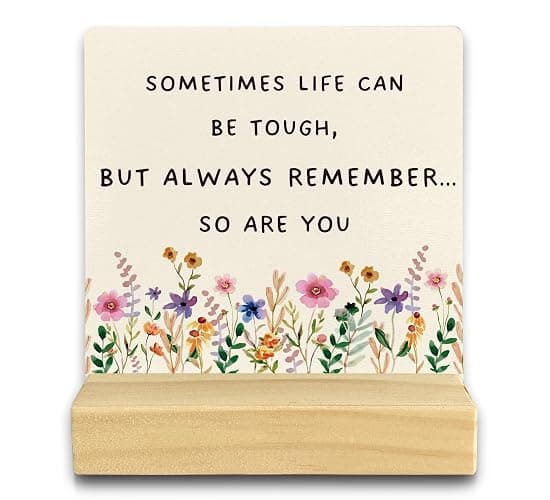 QASHWEY Motivational Desk Decor, Inspirational Desk Decor Floral Wood Table Signs, Inspirational Gifts for Women Friends, Sometimes Life Can be Tough Wooden Plaque with Wooden Stand for Home Office - Image 1
