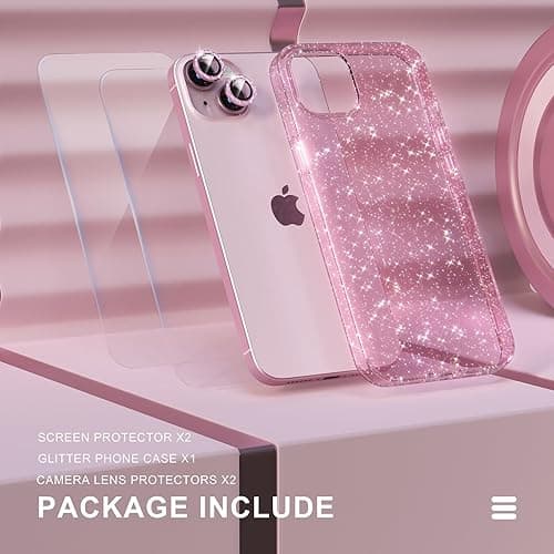 Choiche Compatible for iPhone 15 Case Women Phone Case, Cute Bling Sparkly, Military Grade Drop Protection, 2 Diamond Camera Lens Covers, 2 Tempered Glass Protectors, 6.1 inch (Glitter Pink) thumbnail 8