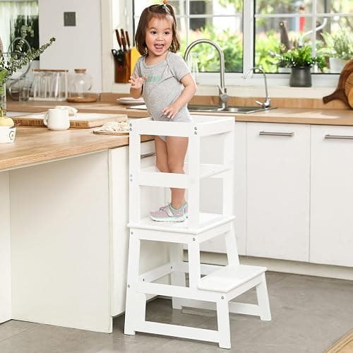 Kids Kitchen Step Stool for Kids with Safety Rail,Solid Wood Construction Toddler Learning Stool, Montessori Toddlers Kitchen Stool Tower (White) - Image 1